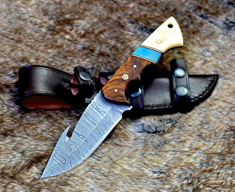 shokunin usa damascus knife gravity damascus gut hook hunting knife with exotic rose wood and bone handle 41588792426709