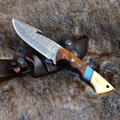 shokunin usa damascus knife gravity damascus gut hook hunting knife with exotic rose wood and bone handle 41588792787157