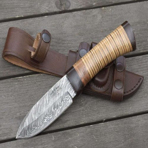 shokunin usa damascus knife hacker camp knife stacked leather handle 41588789477589