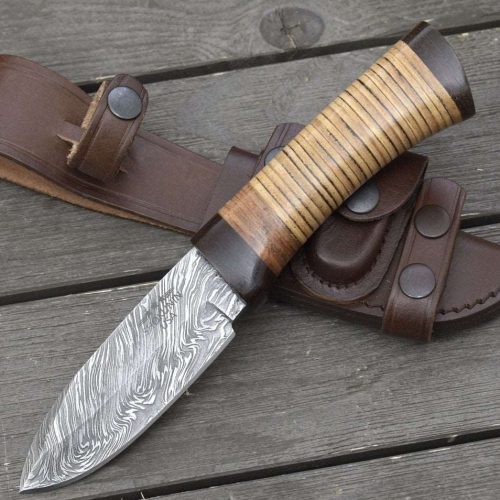 shokunin usa damascus knife hacker camp knife stacked leather handle 41588797014229