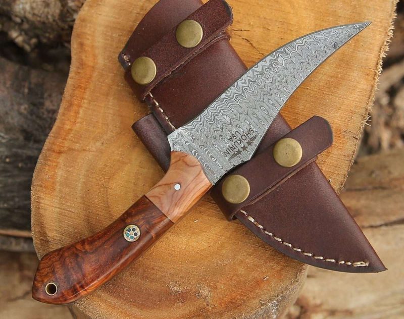 shokunin usa damascus knife halcyon field dressing knife with rosewood olivewood handle 41588783153365