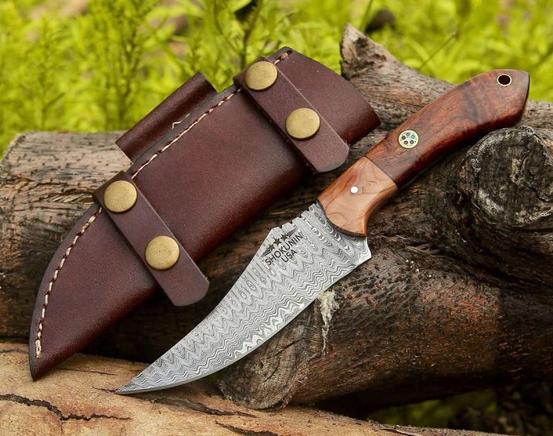 shokunin usa damascus knife halcyon field dressing knife with rosewood olivewood handle 41588784267477