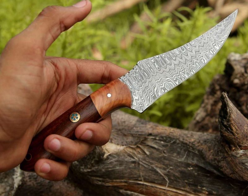 shokunin usa damascus knife halcyon field dressing knife with rosewood olivewood handle 41588786266325