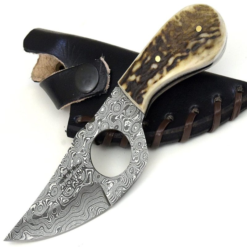 shokunin usa damascus knife shadowstalker damascus skinning knife damascus knife stagorn handle with leather sheath 41588785512661