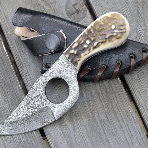 shokunin usa damascus knife shadowstalker damascus skinning knife damascus knife stagorn handle with leather sheath 41588786921685