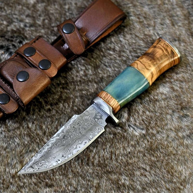 shokunin usa fixed blade knife frost damascus hunting knife with olive wood bone handle 41588796686549