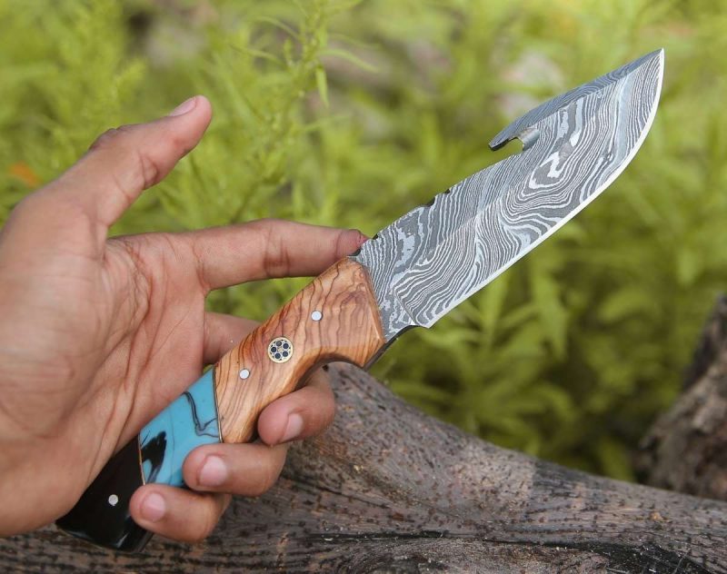 shokunin usa gut knife echelon damascus gut hook knife with exotic olive wood turquoise handle 41588765556949