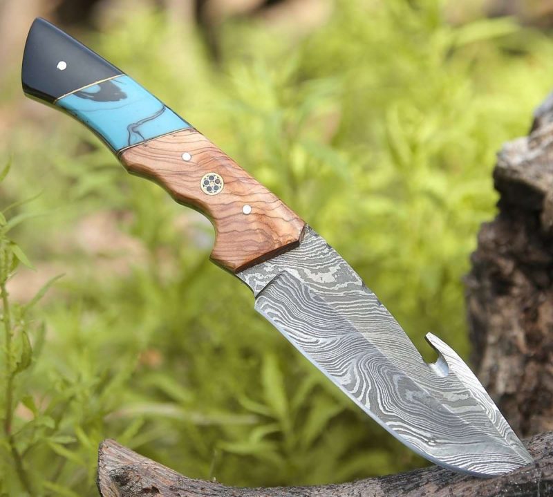 shokunin usa gut knife echelon damascus gut hook knife with exotic olive wood turquoise handle 41588768211157