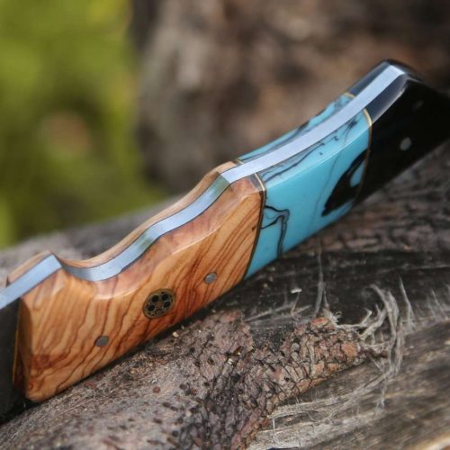 shokunin usa gut knife echelon damascus gut hook knife with exotic olive wood turquoise handle 41588768276693