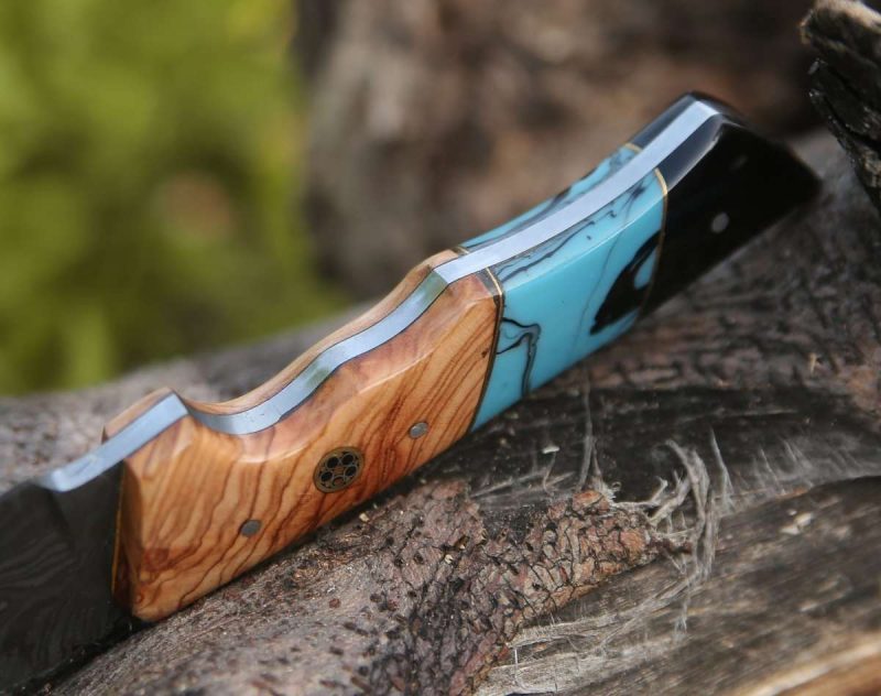 shokunin usa gut knife echelon damascus gut hook knife with exotic olive wood turquoise handle 41588768276693