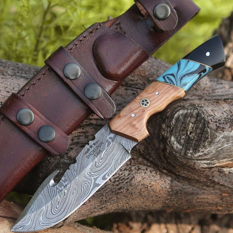 shokunin usa gut knife echelon damascus gut hook knife with exotic olive wood turquoise handle 41588768309461