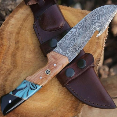 shokunin usa gut knife echelon damascus gut hook knife with exotic olive wood turquoise handle 41588769325269