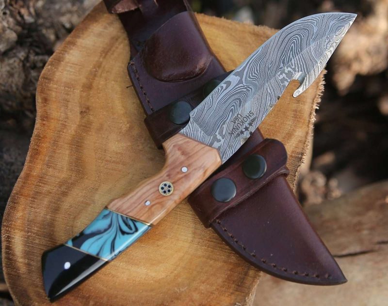 shokunin usa gut knife echelon damascus gut hook knife with exotic olive wood turquoise handle 41588769325269