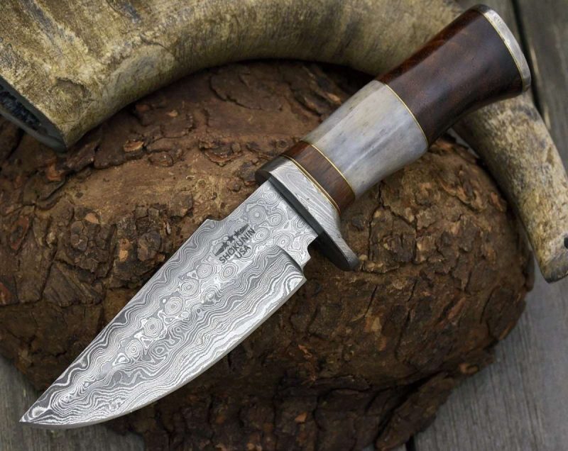 shokunin usa hunting knife champion damascus hunting utility knife with exotic rosewood and bone handle 41588769554645