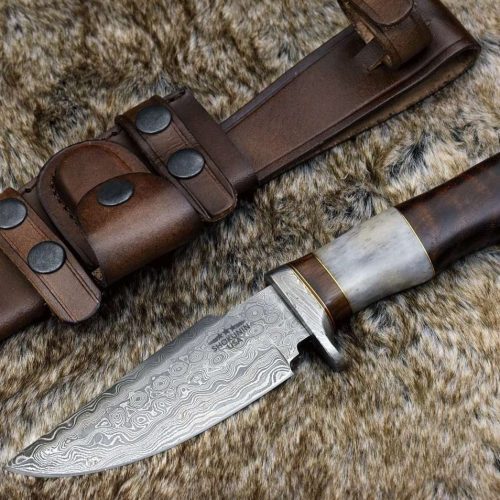 shokunin usa hunting knife champion damascus hunting utility knife with exotic rosewood and bone handle 41588769620181