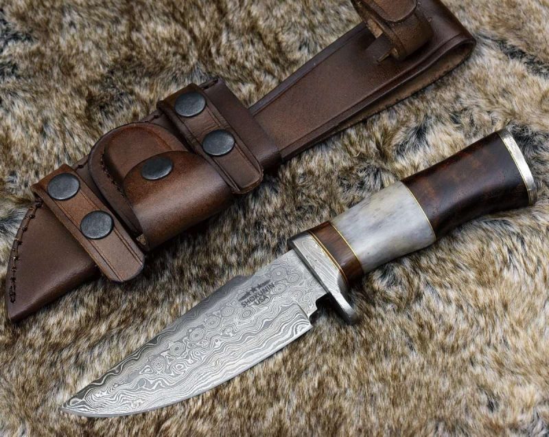 shokunin usa hunting knife champion damascus hunting utility knife with exotic rosewood and bone handle 41588769620181