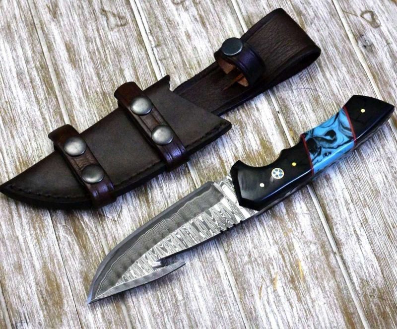 shokunin usa hunting knife evoke damascus knife with horn turquoise handle 41588800585941