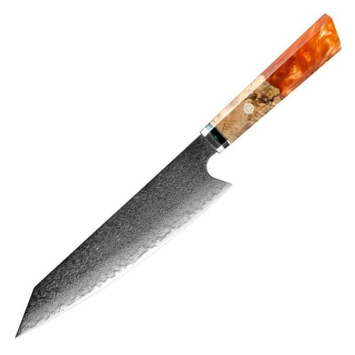 shokunin usa kritsuke knife orange brilliance damascus kiritsuke chef s knife with exotic olive wood handle sheath 41588769095893