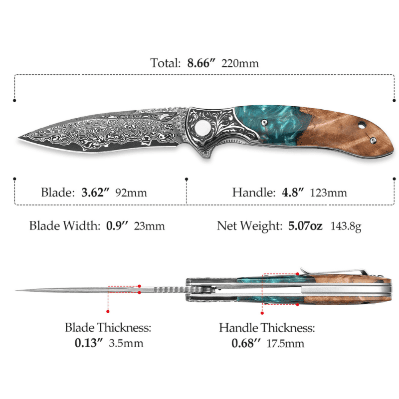 shokunin usa pocket knife ares vg10 damascus pocket knife with olive burl wood resin handle 41588772110549