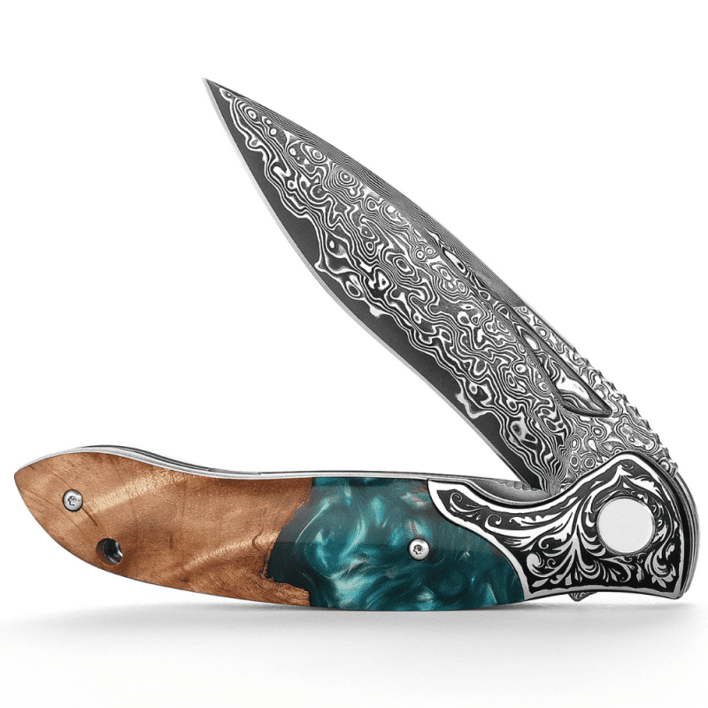 shokunin usa pocket knife ares vg10 damascus pocket knife with olive burl wood resin handle 41588772176085