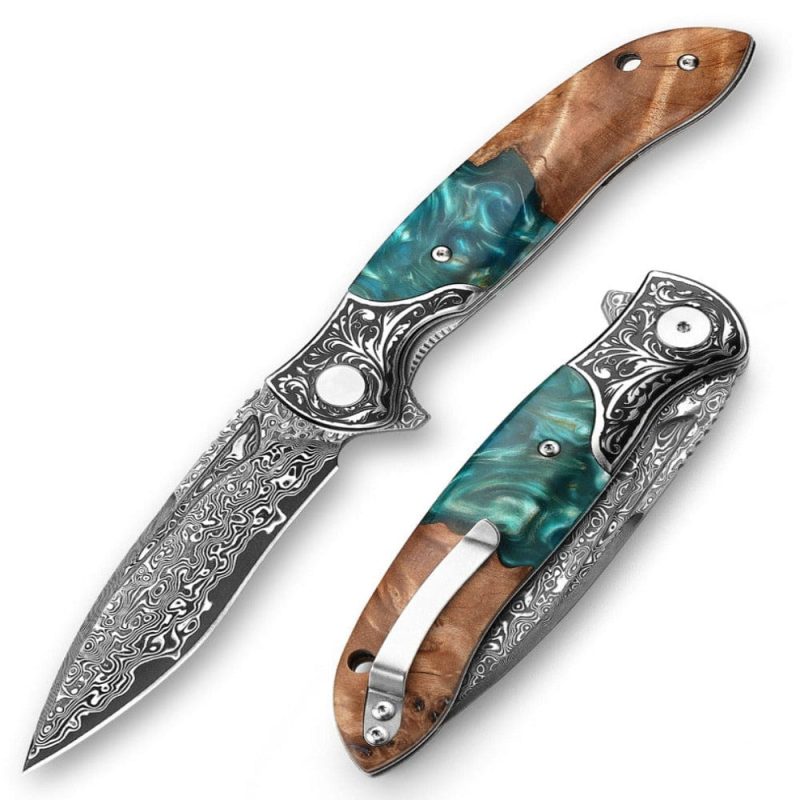 shokunin usa pocket knife ares vg10 damascus pocket knife with olive burl wood resin handle 41588772274389