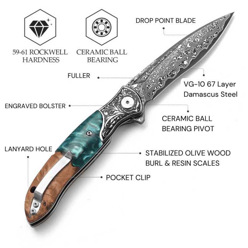 shokunin usa pocket knife ares vg10 damascus pocket knife with olive burl wood resin handle 41588772372693