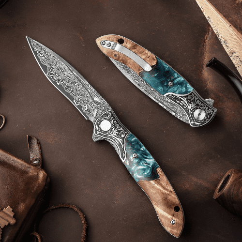 shokunin usa pocket knife ares vg10 damascus pocket knife with olive burl wood resin handle 41588772864213