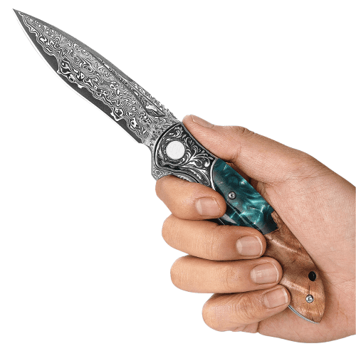 shokunin usa pocket knife ares vg10 damascus pocket knife with olive burl wood resin handle 41588773126357