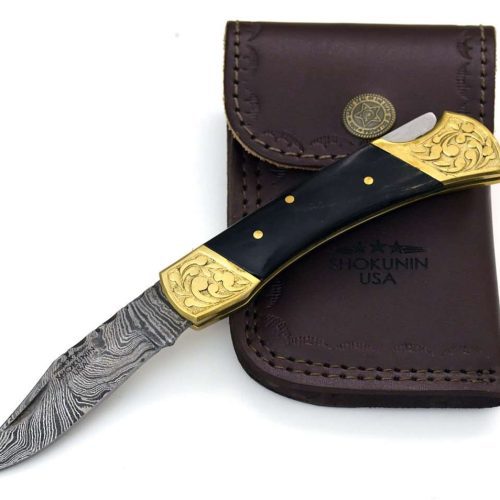 shokunin usa pocket knife black expedition damascus pocket knife with pakka wood handle 41588791017685