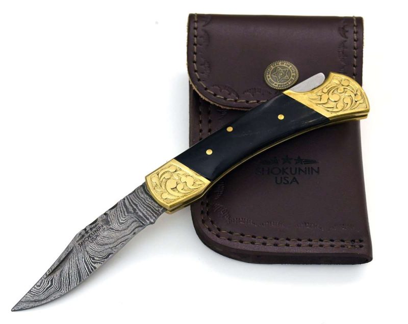 shokunin usa pocket knife black expedition damascus pocket knife with pakka wood handle 41588791017685