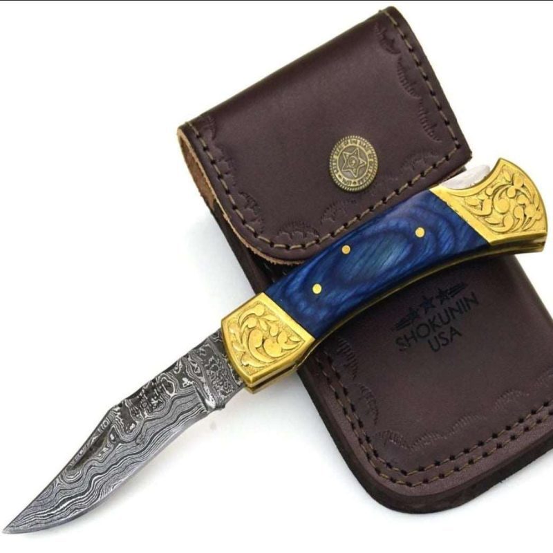 shokunin usa pocket knife blue expedition damascus pocket knife with pakka wood handle 41588797079765