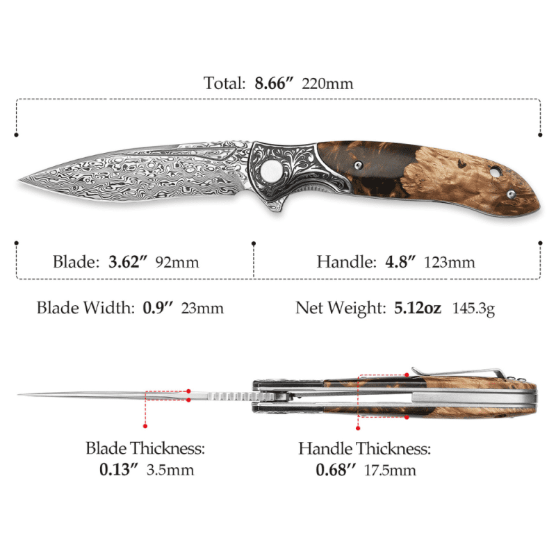 shokunin usa pocket knife demeter vg10 damascus pocket knife with exotic olive burl resin handle 41588763459797