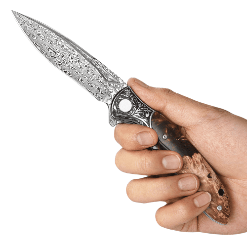 shokunin usa pocket knife demeter vg10 damascus pocket knife with exotic olive burl resin handle 41588764180693