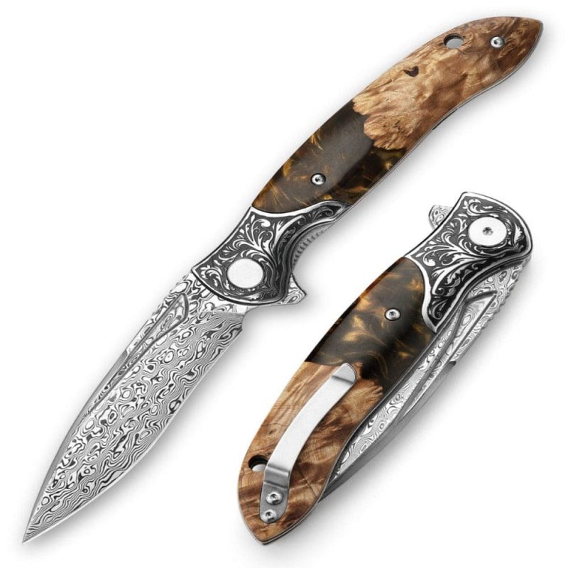 shokunin usa pocket knife demeter vg10 damascus pocket knife with exotic olive burl resin handle 41588764475605