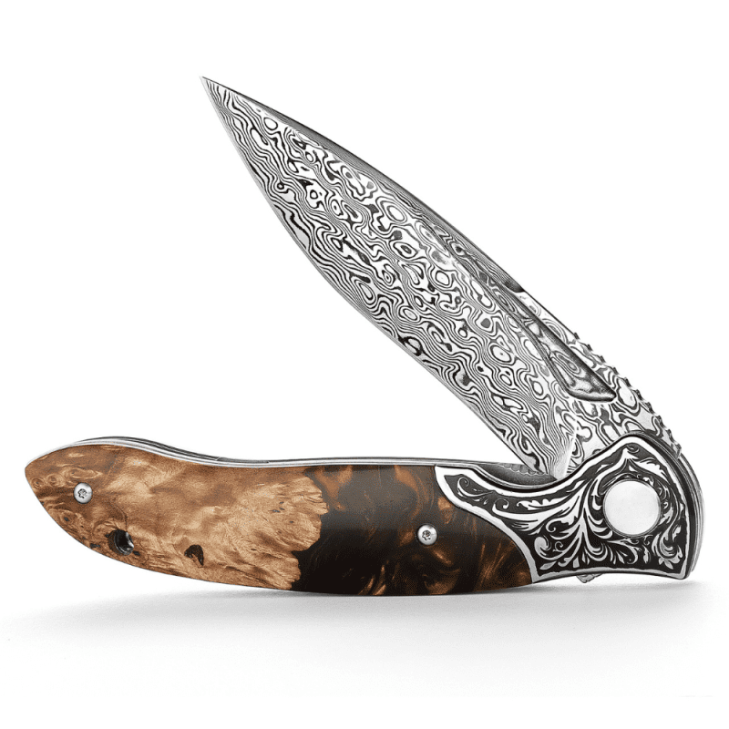 shokunin usa pocket knife demeter vg10 damascus pocket knife with exotic olive burl resin handle 41588764737749