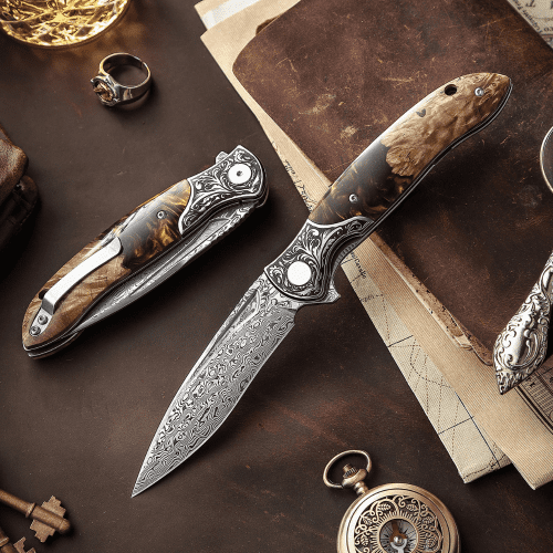 shokunin usa pocket knife demeter vg10 damascus pocket knife with exotic olive burl resin handle 41588764770517