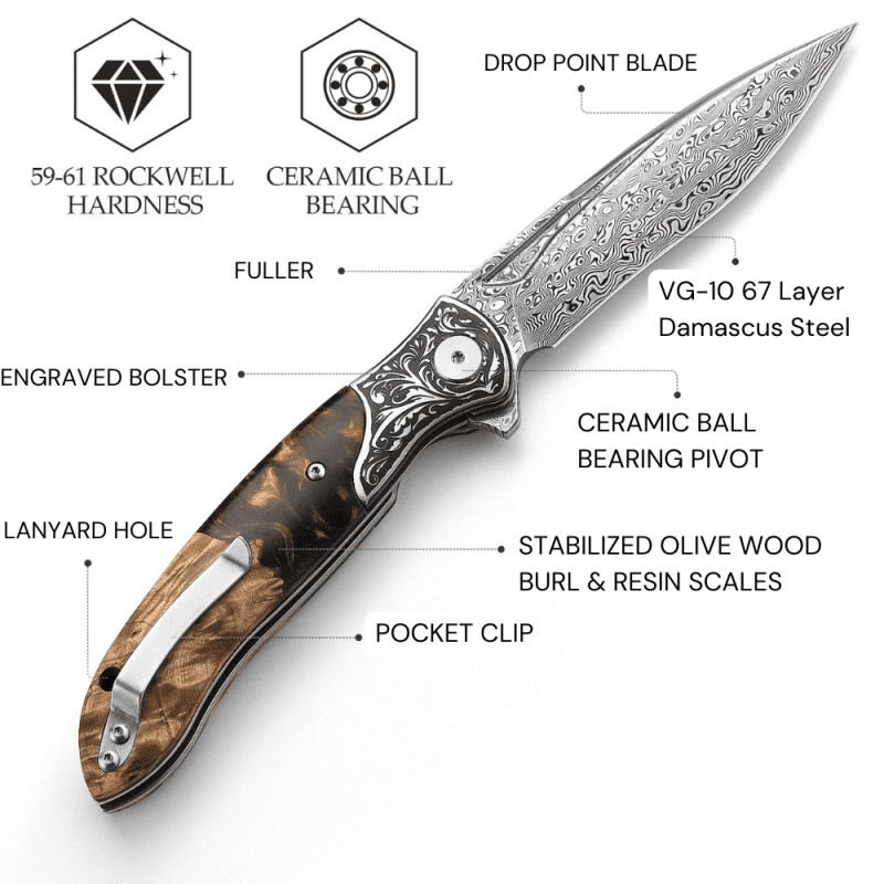 shokunin usa pocket knife demeter vg10 damascus pocket knife with exotic olive burl resin handle 41588764901589