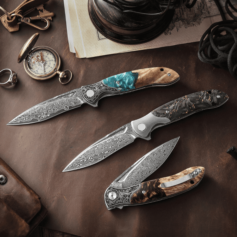 shokunin usa pocket knife demeter vg10 damascus pocket knife with exotic olive burl resin handle 41588765163733