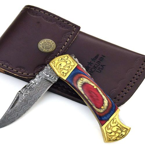 shokunin usa pocket knife expedition damascus pocket knife with pakka wood handle 41588790264021