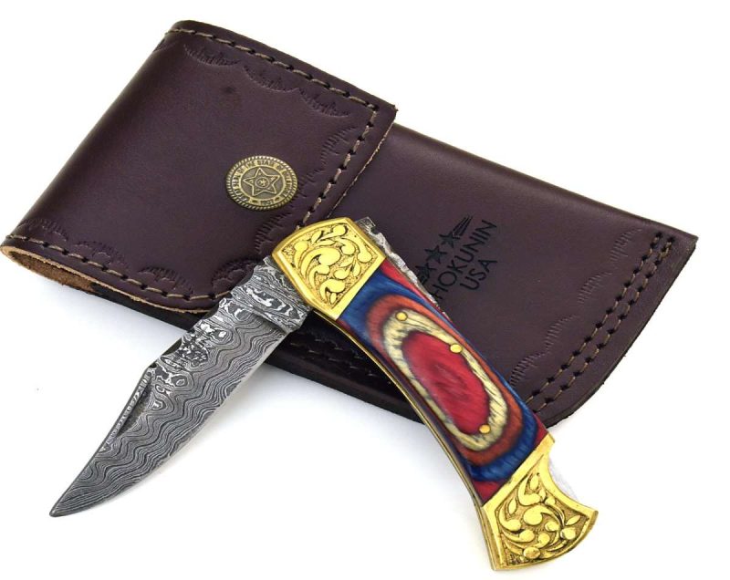 shokunin usa pocket knife expedition damascus pocket knife with pakka wood handle 41588790264021