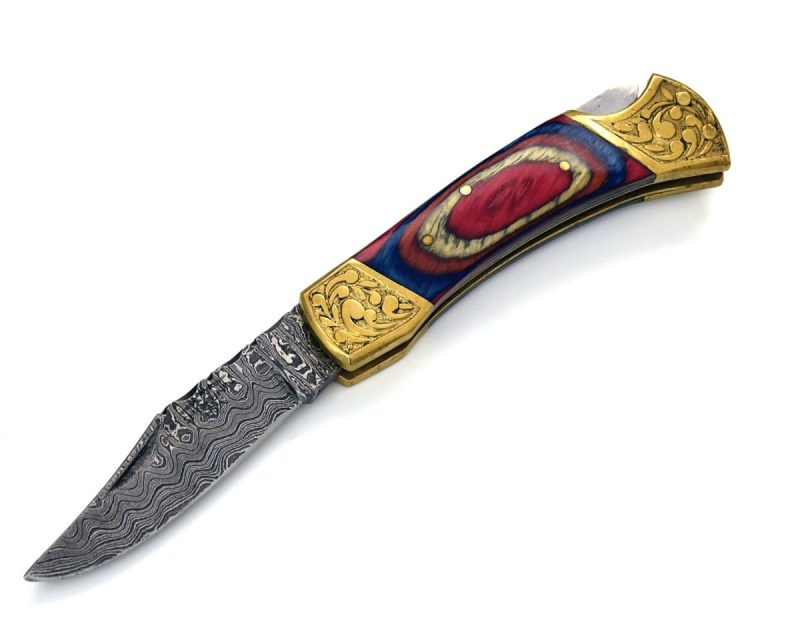 shokunin usa pocket knife expedition damascus pocket knife with pakka wood handle 41588790690005