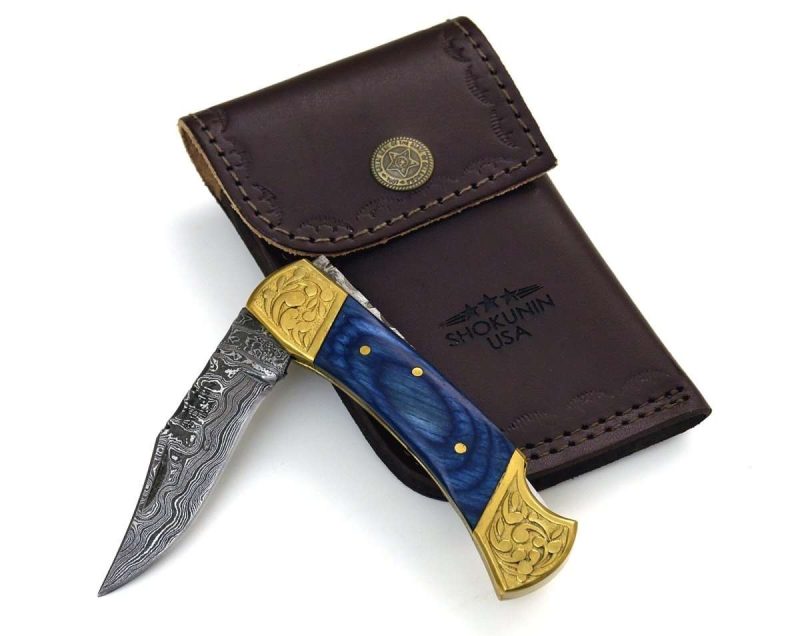 shokunin usa pocket knife expedition damascus pocket knife with pakka wood handle 41588802060501