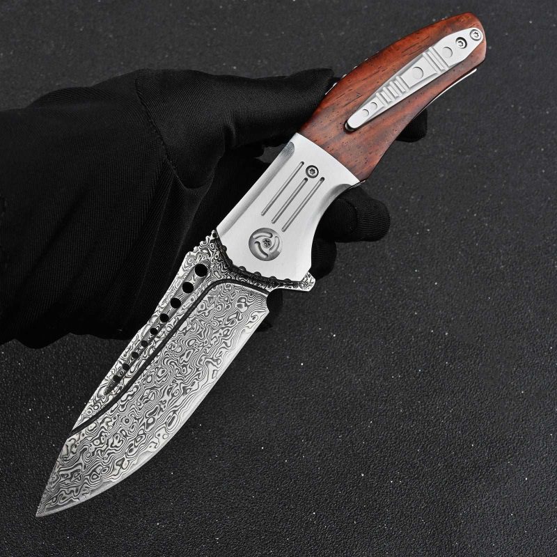 shokunin usa pocket knife ironbark damascus pocket knife set with exotic red sandalwood handle clip sheath 41588781351125