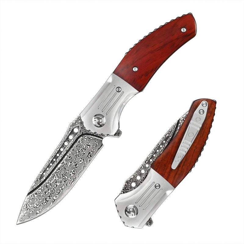 shokunin usa pocket knife ironbark damascus pocket knife set with exotic red sandalwood handle clip sheath 41588781973717