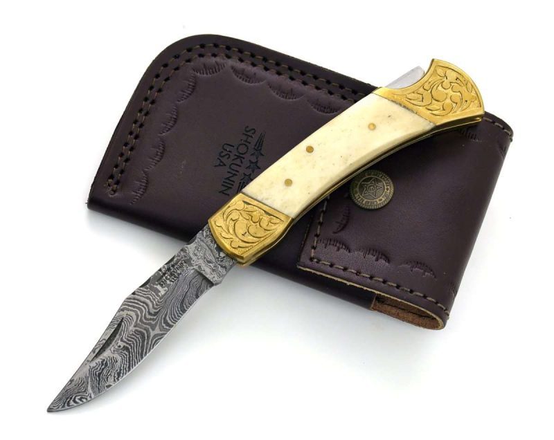 shokunin usa pocket knife ivory expedition damascus pocket knife with pakka wood handle 41588799471829