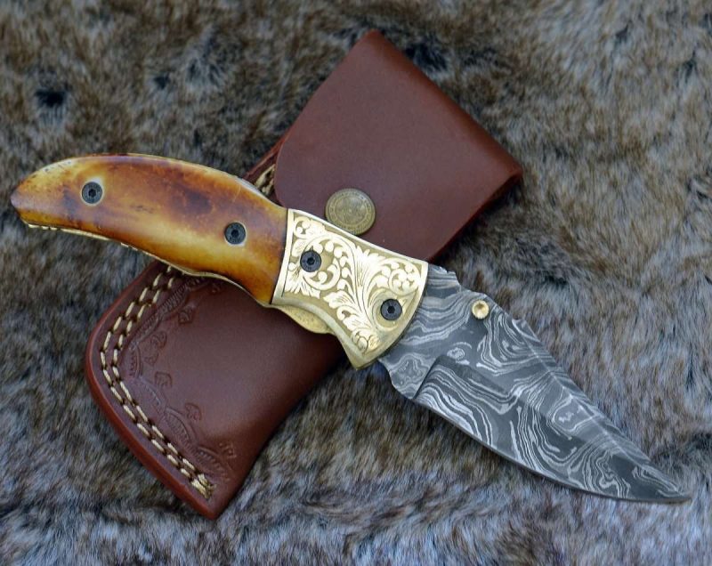 shokunin usa pocket knife marshal damascus folding knife with charred bone handle 41588786725077