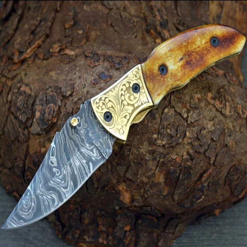 shokunin usa pocket knife marshal damascus folding knife with charred bone handle 41588787445973