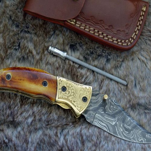 shokunin usa pocket knife marshal damascus folding knife with charred bone handle 41588794228949