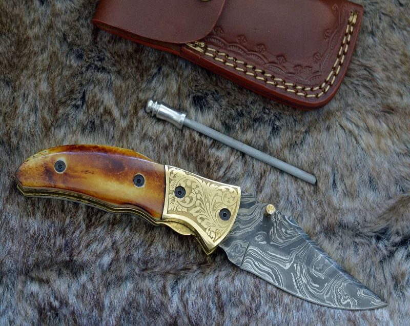 shokunin usa pocket knife marshal damascus folding knife with charred bone handle 41588794228949