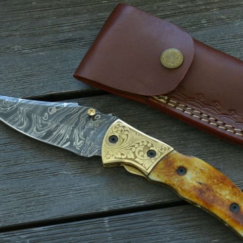 shokunin usa pocket knife marshal damascus folding knife with charred bone handle 41588794917077